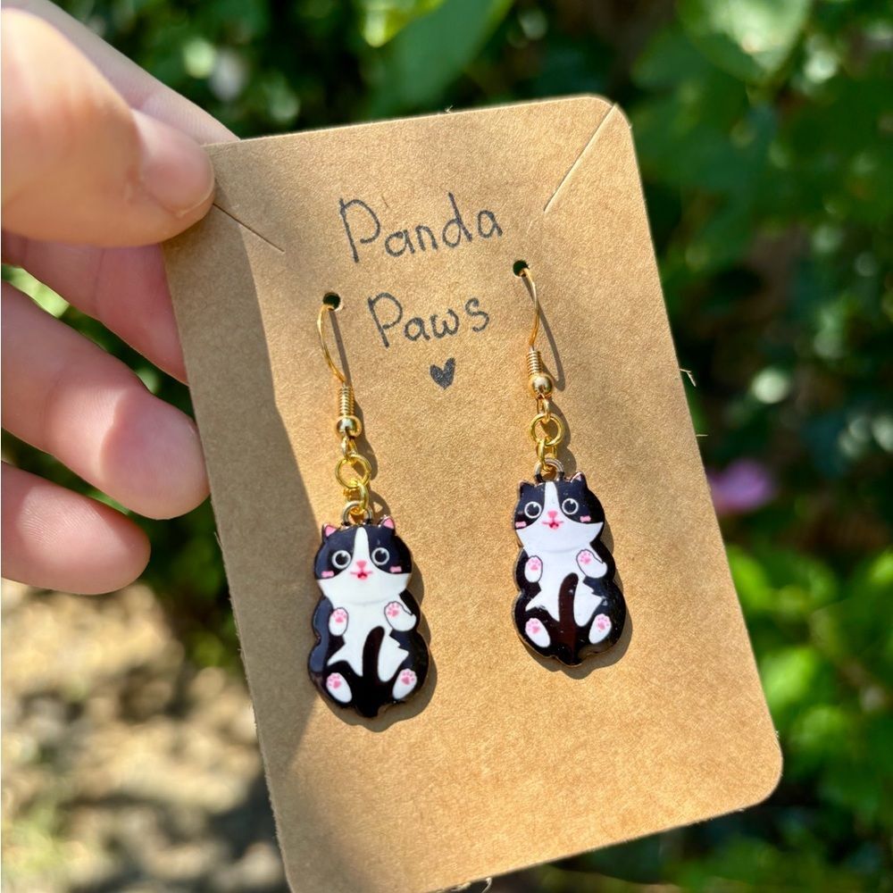 Panda Paws 🐼 Black and White Cat Earrings Cute Animal Jewelry